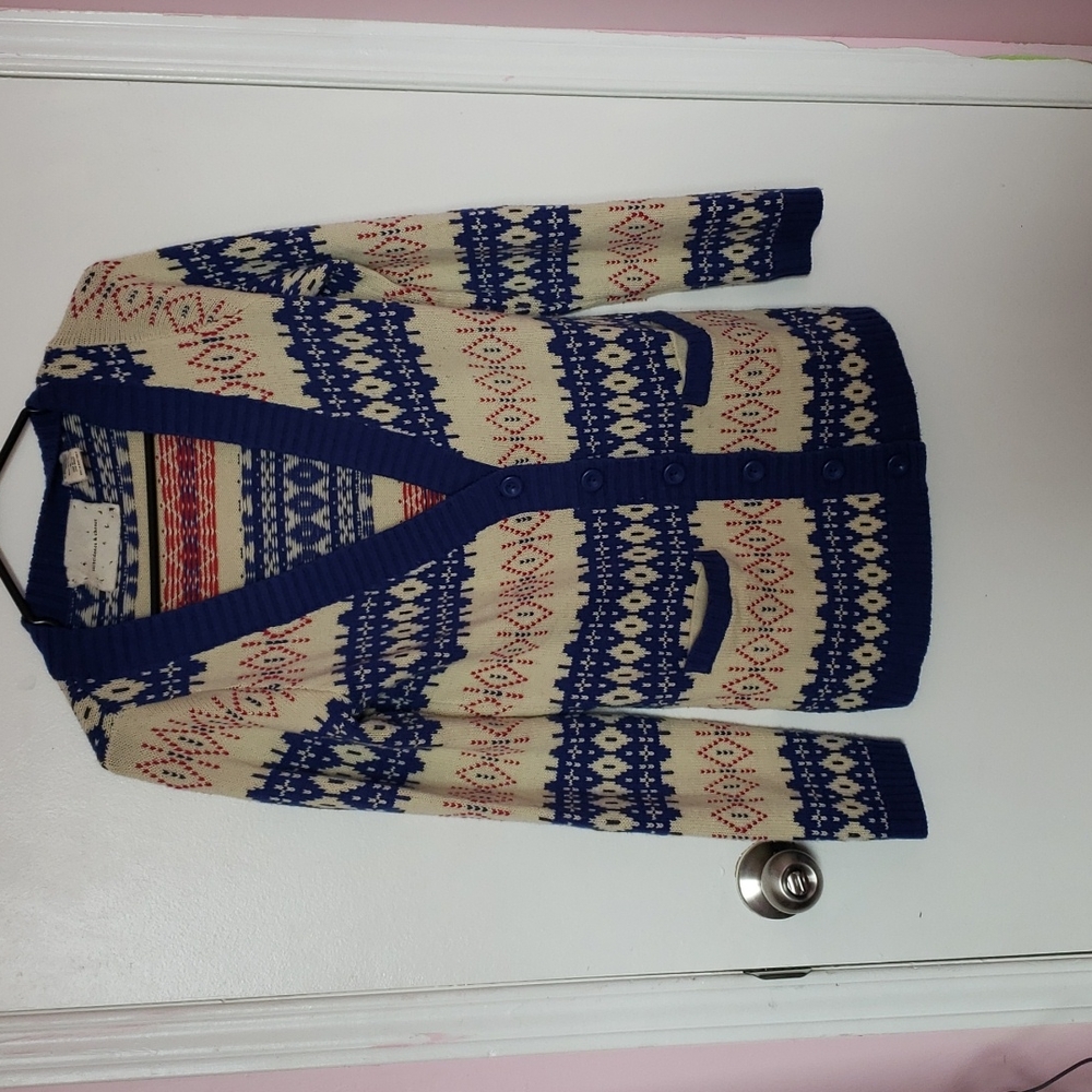 Anthropologie Blue and Cream V-Neck Sweater